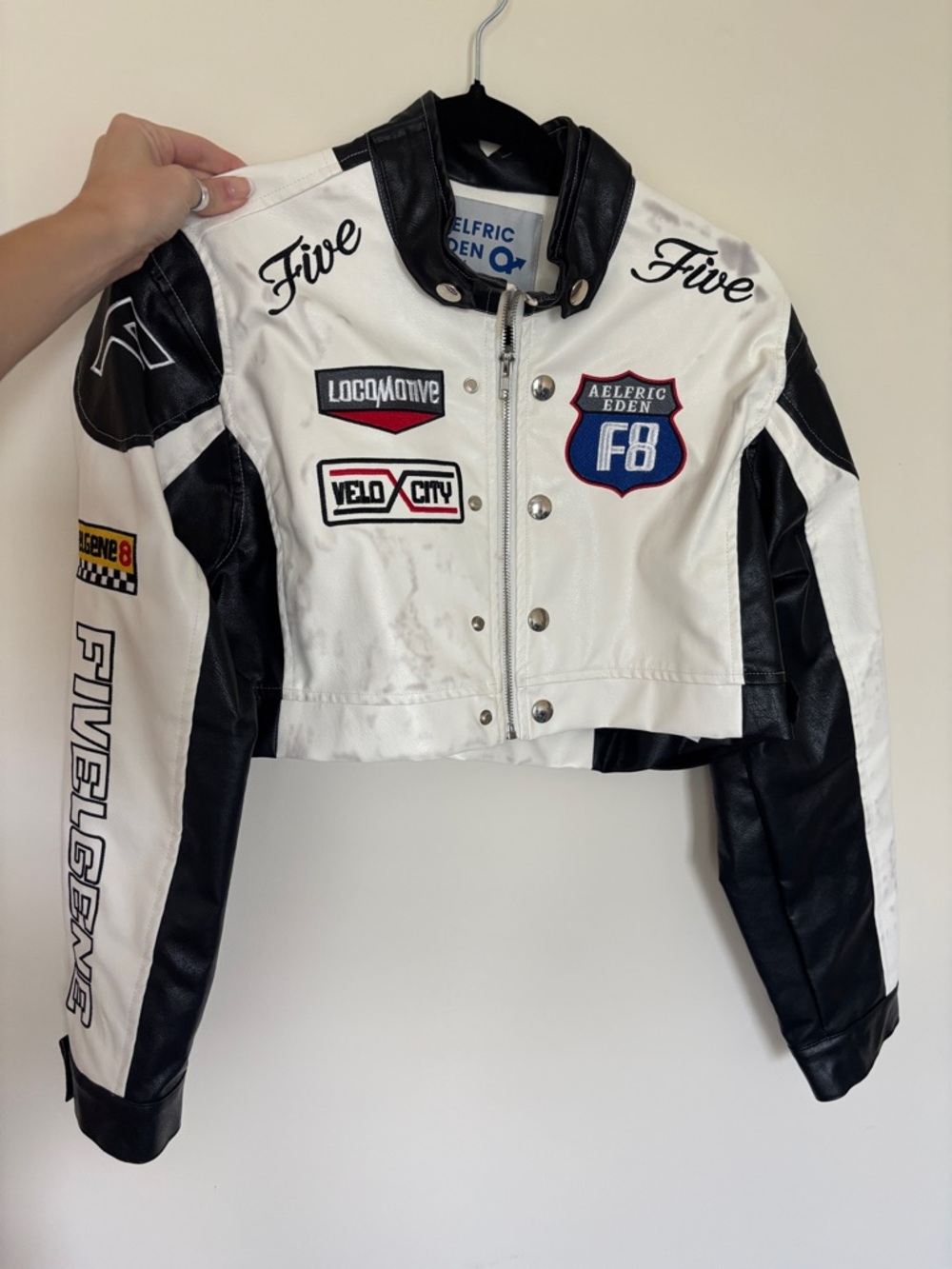 Aelfric Eden Black & White Cropped Racing Leather Jacket